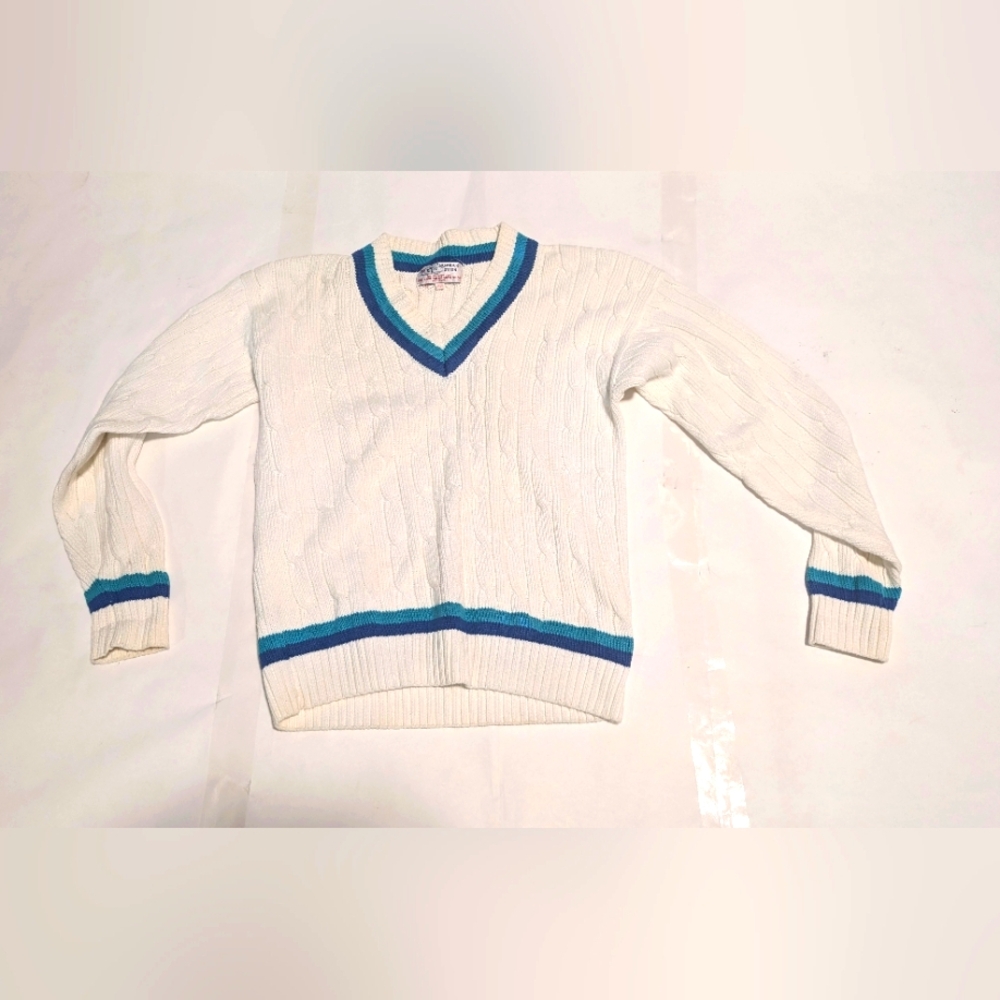 Men's V-Neck Cricket Sweater - White with Blue Accents